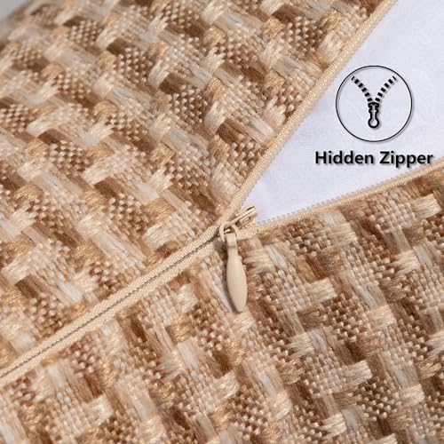 Kevin Textile Outdoor Waterproof Throw Pillow Covers Pack of 2 Weaving Texture Water Resistant Outside Decorative Cushion Covers for Garden Patio Tent Balcony Bench Couch Sofa 16x16 Inch, Light Brown - color: Light Brown, size: 16" x 16" (Pack of 2)