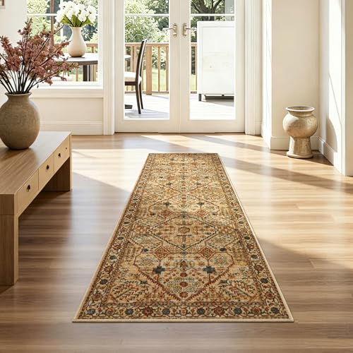 Joydeco Washable 2x5 Hallway Runner Rug Vintage, Tan | Water Resistant Low Pile Non Slip Backing for Kitchen Entryway Bedroom Bathroom Dining Room - color: Tan, size: 2' x 5' (Rectangular)