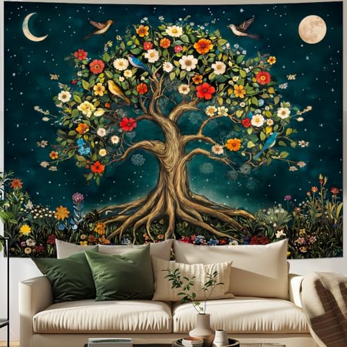 Amtoodopin Tree of Life Tapestry Mystic Boho Flowers Tapestry Vintage Aesthetic Tree Wall Tapestries Retro Nature Floral Plants Tapestries Wall Hanging for Bedroom - size: 59.1"L x 51.2"W