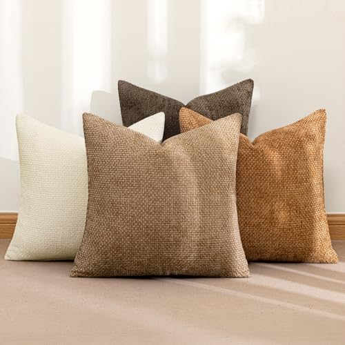 MIULEE Pack of 4 Brown Couch Throw Pillow Covers 18x18 Inch Soft Decorative Chenille Pillows Farmhouse Accent Cushions for Boho Home Decor Spring Sofa Bedroom Living Room - color: Brown, size: 18" x 18" (Pack of 4)