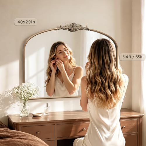 Besdomus Vintage Arched Gold Mirror: 40"x29" French Large Brass Antique Wall Vanity Mirror - Decorative Baroque Traditional Ornate for Entryway/Fireplace/Bathroom/Bedroom - Ideal for Home Renovations - color: Brass Gold, size: 29"L x 40"W
