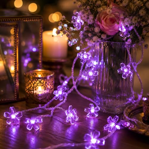 Battery/USB Operated 9.8ft 30LED Purple Cherry Blossom Flower String Lights | Cute Fairy Lights For Bedroom, Valentine'S Day, Christmas, Easter, Wedding, Party, Birthday Indoor Outdoor Romantic Decor - color: 10ft Purple Flower Lights