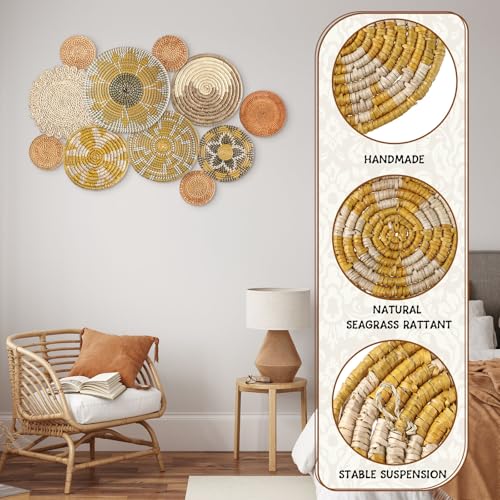 Tatuo 11 Pcs Boho Wall Basket Decor Bulrush Woven Wall Hanging Art Round Farmhouse Rustic Handmade Wicker for Summer Home, Bedroom, Living Room, Kitchen Decorations, Multi Sizes(Lively) - style: Lively