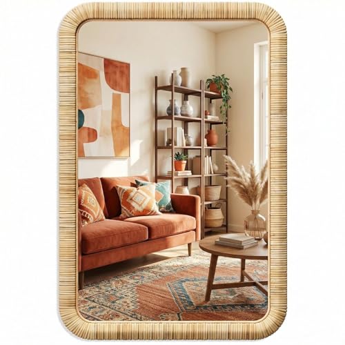Barnyard Designs Rattan Wall Mirror, Rectangular Farmhouse Boho Accent for Bathroom, Entryway or Bedroom, Woven Natural Honey Rattan Frame (24" x 36", Rectangular) - size: 36"L x 24"W
