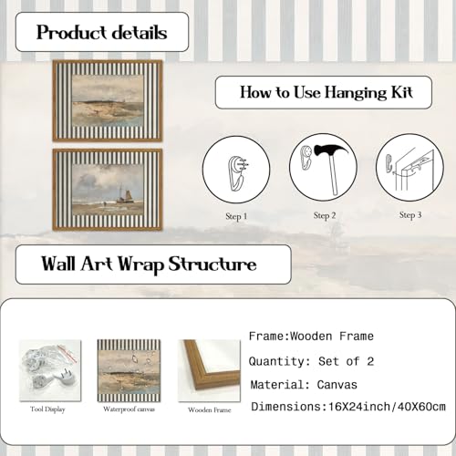 Framed Vintage Coastal Landscape Wall Art Set of 2, Retro Blue and White Striped Beach Sailboat Pictures Wall Decor, Rustic Beachy Nautical Paintings Canvas Prints for Living Room Bathroom 16x24 inch - color: Blue and White Striped, size: 24L" x 16W"