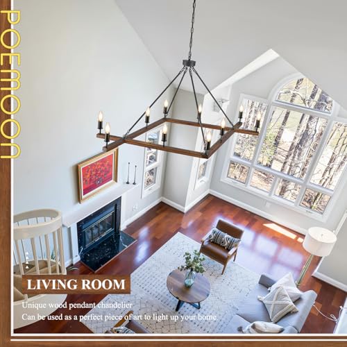 Rustic L53'' Wooden Square Chandelier 10-Light Farmhouse Unique Rectangular Candle Chandelier with White Light Socket for Living Dining Room Foyer Kitchen Bedroom High Ceiling, E12 - color: Walnut, size: 53 inches