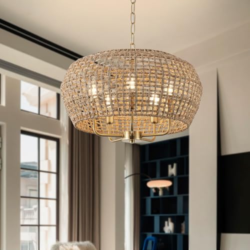 20" Boho Rattan Chandelier for Dining Room,5-Light Hand-Woven Natural Rattan Ceiling Light Fixture with Adjustable Chain, E12 Sockets Dimmable Pendant Light for Kitchen Living Room Hotel(Gold) - color: Gold 5-Light 20" Round