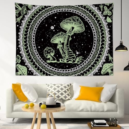 SCECALA Green Mushroom Tapestry Boho Mandala Pattern with Green Mushroom Wall Tapestry Black and White Star Wall Hanging for Bedroom Living Room Teen Dorm Party Home Decor 59x51 Inch - color: Green, size: 51"L x 59"W
