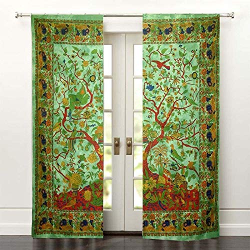 Tree of Life Indian Mandala Curtain Wall Hanging Balcony Wall Drapes 82 x 26 Inch Mandala Window Curtains Wall Panels Boho Decor Tapestry Hippie Psychedelic Window Treatment for Bed Room - color: Green, size: 52"W x 82"L (Pack of 1)