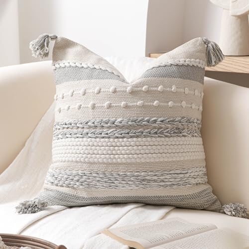 BlissBlush Gray Boho Decorative Throw Pillow Cover 18x18 Square Farmhouse Accent Cushion for Couch Sofa Livingroom Bedroom Pillowcase Modern Home Décor (Pack of 1) - color: Gray White, size: 18" x 18" (Pack of 1)