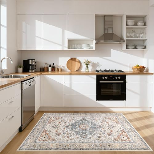 3X5 Rug Washable Area Rugs: Boho Neutral Vintage Soft Rugs Stain Resistant Distressed Farmhouse Non-Slip Indoor Floor Carpet for Entryway Closet Front Door Kitchen Bedroom Bedside Dorm- Beige Blue - color: Beige Blue, size: 3' x 5' (Rectangular)