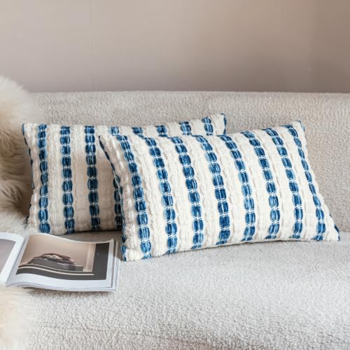 Caflife Boho Lumbar Throw Pillow Covers 12x20 Inch Set of 2, Farmhouse Blue Striped Textured Chenille Decorative Couch Pillow Cases, Rustic Accent Cushion Covers for Sofa Bed Living Room Bedroom - color: Blue, size: 20" x 12" (Pack of 2)