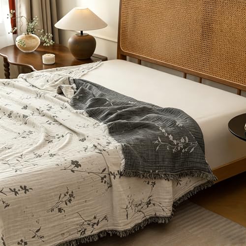 Lemfux 4-Layer 100% Cotton Muslin Cooling Blanket, Boho Floral Gauze Throw with Fringe, Ultra Soft Breathable Lightweight Bedspread Coverlet for Bed Sofa Couch (White-Dark Grey Floral, 60"x80") - color: White-dark Grey Floral, size: 60"x80"