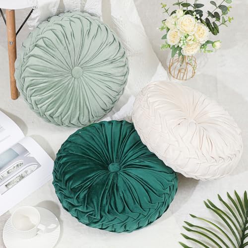 Drydiet 3 Pcs Round Throw Velvet Pillows Decorative Pleated Throw Pillows Diameter Accent Pumpkin Boho Chair Cushion for Couch Sofa Home Decoration (White,Light Green,Green,15'') - color: White, Light Green, Green, size: 15''