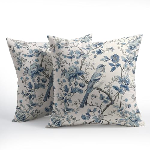 Chinoiserie Blue & White Pillow Covers - 16x16 Inches, Bule Birds & Flowers Design, Set of 2 for Home Couch & Sofa - color: Chinoiserie Flowers240413, size: 16" x 16" (Pack of 2)