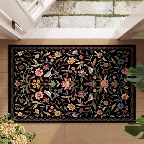 Vintage Medallion Floral Indoor Door Mat 2x3, Machine Washable Entryway Rug, Low Pile Soft Small Carpet, Non-Slip Area Rug for Entrance, Bedroom, Kitchen & Kids Room | Black - color: Black, size: 2' x 3' (Rectangular)