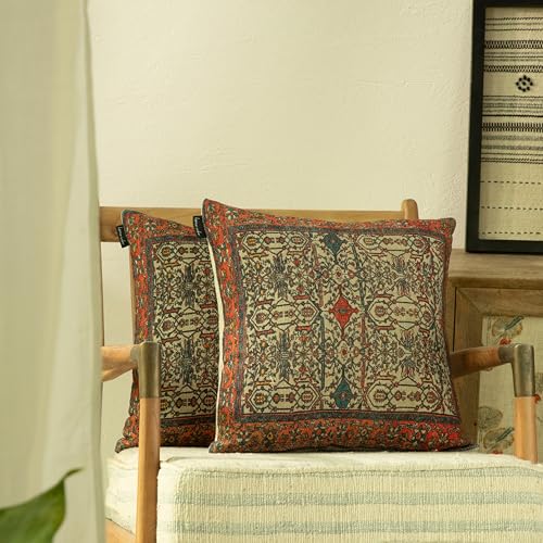 Geometric Bohemian Kilim Moroccan Cotton Vintage Decorative Ethnic Throw Pillow Covers, Set of 2, Boho Cushion Cover, Pillow Case for Sofa Couch Bed Chair 18" x 18" (Pack of 2)