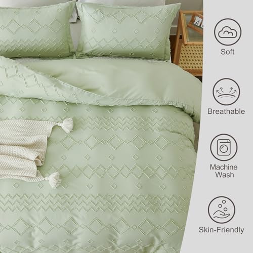 EMME Boho Duvet Cover Twin Size Sage Green - 2 Pieces Soft & Breathable Tufted Shabby Chic Embroidery Bedding for All Seasons, 1 Duvet Cover with 1 Pillow Shams & Zipper Closure (Sage Green, Twin) - color: 25 - Sage Green, size: Twin(68"×90")