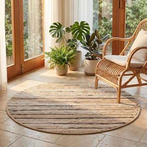Cotton Hand Woven Chindi Area Rug 4 Feet Round - Beige, Reversible Circle Green Dinning Space Floor Rugs Ideal for Bedroom, Living Room, Kitchen | Linen Farmhouse Recycled Patio Mats for Balcony Décor - color: Beige, size: 4' (Round)