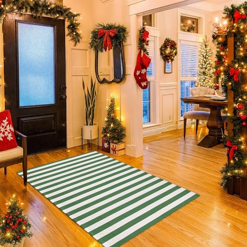Christmas Green & White Striped Rug - 28 x 43 Inches Outdoor Front Door Decor Mat Cotton Washable Hand-Woven Rug Christmas New Year Holiday Porch Entryway Layered Doormat - color: Green & White Striped, size: 2'4" x 3'7" (Rectangular)
