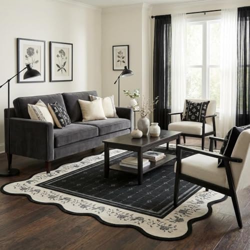 Garvee Washable Rugs for Living Room 8x10 Area Rugs for Bedroom Scalloped Rug Modern Bordered Non Slip Large Kids Bedroom Carpet Indoor Stain Resistant Floor Cover for Dining Room Office Nursery Black - color: Black, size: 8' x 10' (Rectangular)