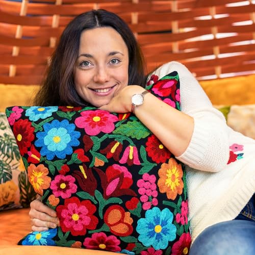 HunnmingRe Mexican Embroidered Throw Pillow with Insert 18 x 18 Inch Mexican Boho Embroidered Pillow Cover Decorative Fiesta Colorful Floral Cushion Decor for Sofa Living Room Couch Bedroom(Black) - color: Black