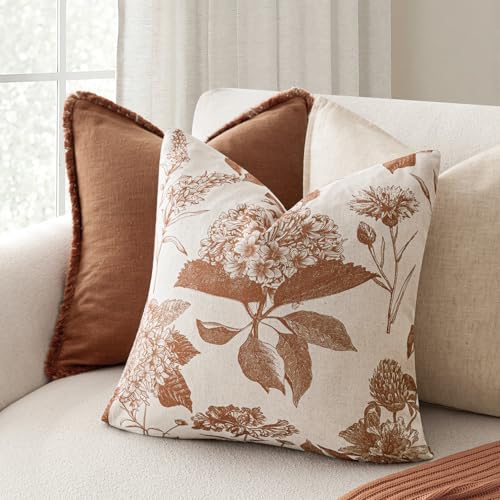 Foindtower Set of 2 Linen Floral Throw Pillow Covers Vintage Accent Print Decorative Cozy Cushion Covers Farmhouse Boho Home Decor for Sofa Chair Couch Bedroom Living Room,20×20 Inch,Autumn Orange - color: Autumn Maple, size: 20" x 20" (Pack of 2)