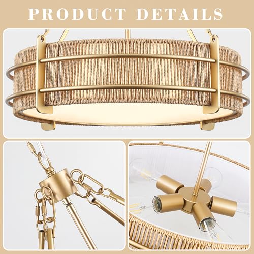 21.5'' Boho Rattan Chandelier Light Fixture, 5-Light Hand Woven Rattan Chandeliers with Fabric Shade, Rustic Gold Pendant Light for Kitchen, Bedroom, Dining Room, Living Room, Foyer - size: 21.5 inch
