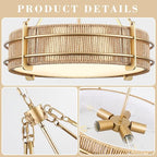 21.5'' Boho Rattan Chandelier Light Fixture, 5-Light Hand Woven Rattan Chandeliers with Fabric Shade, Rustic Gold Pendant Light for Kitchen, Bedroom, Dining Room, Living Room, Foyer - size: 21.5 inch