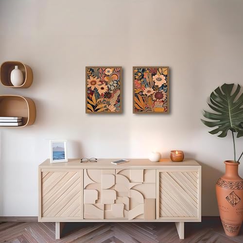 2pcs Orange Flower Framed Canvas Wall Art Set Rural Bohemian Natural Style Canvas Painting Mid Century Modern Floral Botanical Wall Deco For Living Room,Bedroom,Office 16x24in - color: Orange flowers, size: 16x24in
