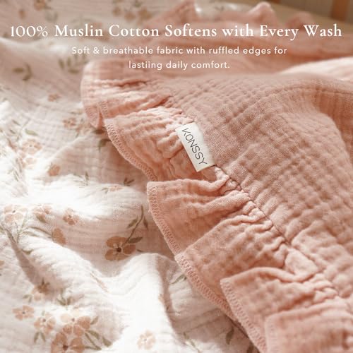 Konssy Flounce Muslin Baby Blanket for Girls Boys 47 x 47 Inches, 100% Cotton Soft Crib Swaddle Blankets, Reversible & Breathable Nursery Bedding for Newborns Toddlers (Blossom) - color: Blossom, size: 47"x47"
