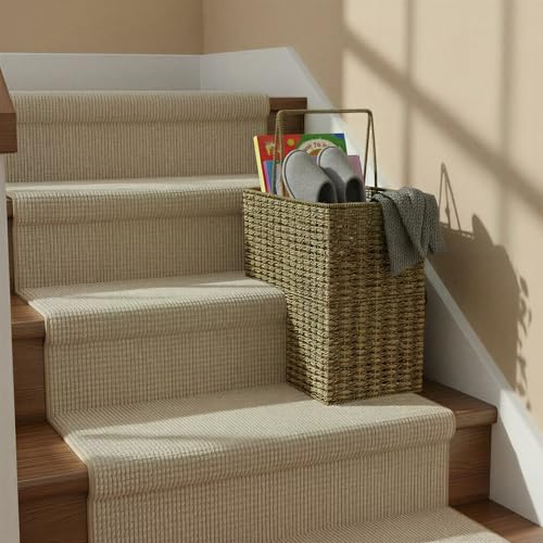 Household Essentials Handwoven Seagrass and Corn Husk Wicker Stair Basket with Iron Frame and Handles, Natural - style: Seagrass