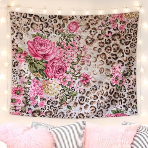 Lacama Leopard Tapestry, Dorm Decor Trendy Leopard Print Gifts for Women, Vintage Floral Cheetah Prints Blanket for Teen Girls Room Bedroom College Dorm Apartment, 50x61 Inches - color: leopard print-2-Floral
