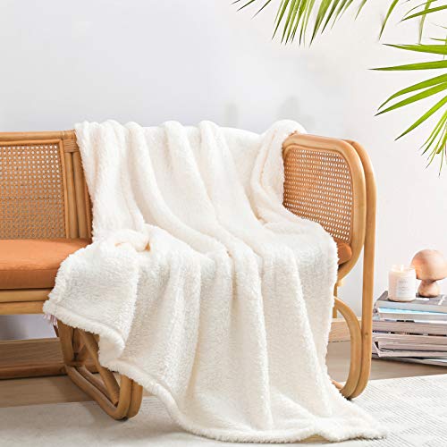 Ultra Soft Cozy Sherpa Throw Blanket, Solid Antique White Light Weight Warm Decorative Boho Style Plush Throw Blanket Cover for Sofa, Couch, Bedroom,Travel, Pattern Reversible, 50”x60” - color: Antique White, size: Throw-50'' x 60''
