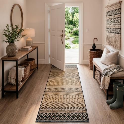 Moroccan Kitchen Runner Rug, 2x6 Ultra Soft Rugs Runners for Hallways Non Slip, Washable Bathroom Runner Rugs Vintage Rug for Kitchen Entryway Laundry Bedroom - color: Natural/Brown, size: 2' x 6' (Runner)