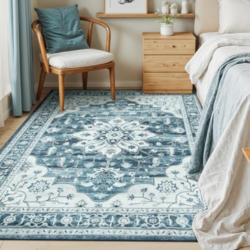 5x7 Coastal Blue White Area Rugs for Living Room - Vintage Boho Medallion Aesthetic Distressed Washable Rug, Soft Non-Slip Backing Low Pile Carpet for Office, Lounge, Bedroom Foot of Bed - color: Coastal Blue White, size: 5' x 7' (Rectangular)