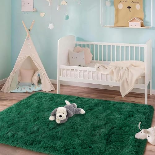 Mugorn 3x5 Rugs for Bedroom, Fluffy Dark Green Area Rugs for Living Room, Soft Shag Kids Rug Small Carpet with 4 Non-Slip Rug Pads (3ft x 5ft, Dark Green) - color: Dark Green, size: 3ft X 5ft