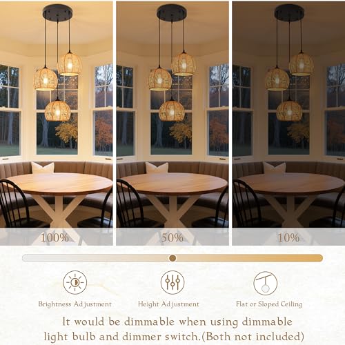 3-Light Mini Hemp Rope Woven Pendant Light Kitchen Island,3 Dome Hand Woven Boho Rattan Chandelier Farmhouse Wicker Ceiling Light,rustic Light Fixture For Living Room Hallway Dining Room(Bulb Incl. - color: 11.8" Natural 3-Light