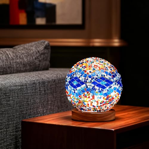 Vintage Turkish Table Lamp Mosaic Glass Light with Wooden Base 5V USB Power Tiffany Bedside Lamps for Living Room Decoration Meditation and Prayer Lighting (Baroque A - Blue, Baroque) - style: Baroque A Blue
