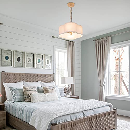 VILUXY Farmhouse Chandelier White Linen Fabric 4 Lights Pendant Light Flower Round Drum Chandelier with Gold Light Fixture for Bedroom Dining Room Living Room - color: white with chain