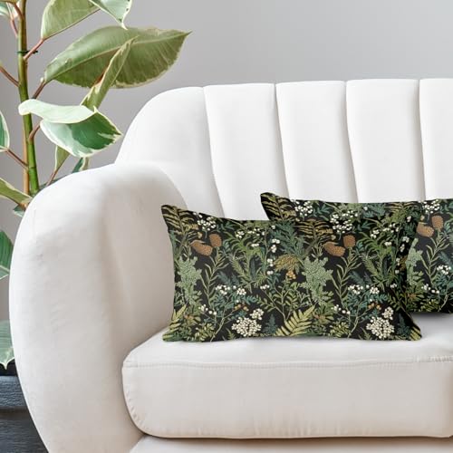 Black Green Botanical lumbar Pillow Covers 12x20 Inch Dark Green Flower Vintage Plant Throw Pillows for Farmhouse Cushion Covers Spring Summer Leaf Floral Pillow Cases for Bed Outdoor Decor Set 2 - color: S-black Green Leaf, size: 20" x 12" (Pack of 2)