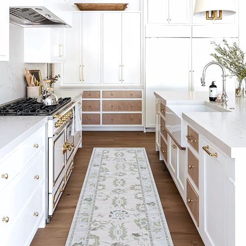 Fame Living Cream Beige Oushak Runner Rug, Modern Runners, Vintage, Turkish, Eclectic, Floral, Pastel, Washable, Runner for Hallway, Kitchen, Bedroom, Bathroom, 2'5"x9'8" - color: Cream Beige, size: 2'6" x 9'10" (Rectangular)