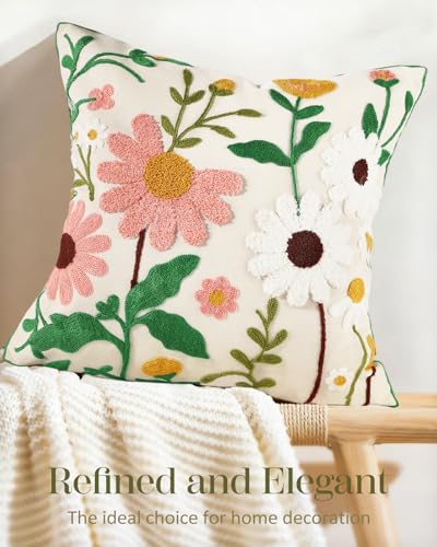 Embroidered Throw Pillow Cover - 18x18 Decorative Pillow Cover with Zipper Aesthetic Cute Design Boho Spring Summer Cozy Throw Pillowcase for Living Room Couch Sofa Bed, Pink White Flower - color: Pink-white-flower, size: 18" x 18" (Pack of 1)