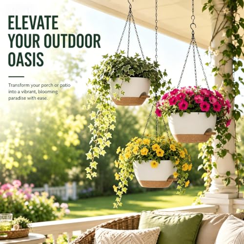 12 Inch Self Watering Hanging Planters 2 Pack, Indoor Outdoor Hanging Pots for Plants with Drainage Holes & Saucers, White Brown Plastic Hanging Baskets for Kitchen Balcony Garden - color: White Brown