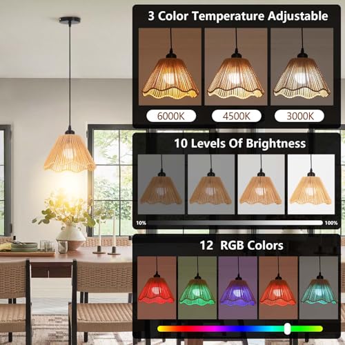 Boho Battery Operated Pendant Lights,Rechargeable Pendant Light with Remote,Rattan Pendant Light Fixtures for Kitchen Island,Boho Hanging Lights for Dining Room Bedroom Hallway Entryway(2 Pack) - size: 9.05 in