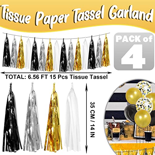 4P Black Gold Silver Foil Fringe Metallic Tassel Garland, Tassels Banner Streamers for Parade Floats, Bachelorette, Wedding, Birthday, Halloween, Christmas, Bridal/Baby Shower Party Decorations - color: Black Silver Gold