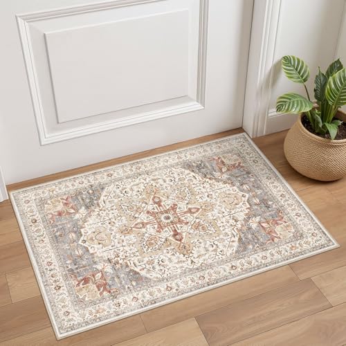 Tortania Area Rug 2x3 Doormat - Washable Vintage Oriental Farmhouse Soft Thin Indoor Carpet for Living Room Bedroom Hallway Entryway Kitchen - Orange Multi - color: Orange Multi, size: 2' x 3' (Rectangular)