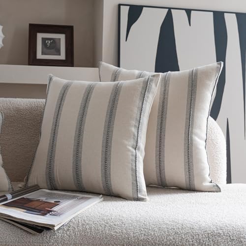 Cethom Boho Throw Pillow Covers 18x18 Set of 2, Grey Striped Decorative Pillow Cases for Couch Chair Bed, Textured Farmhouse Modern Accent Cushion Covers for Living Room Bedroom Sofa Home Decor - color: Grey, size: 18" x 18" (Pack of 2)
