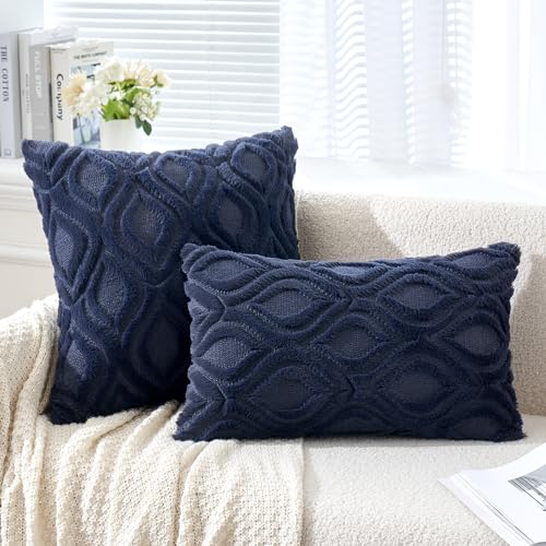MIULEE Navy Blue Throw Pillow Covers 18x18 Inch, Soft Winter Plush Faux Wool Couch Pillow Covers Set of 2 Decorative Farmhouse Boho Throw Pillows for Sofa Living Room Bed - color: Navy Blue, size: 18" x 18" (Pack of 2)