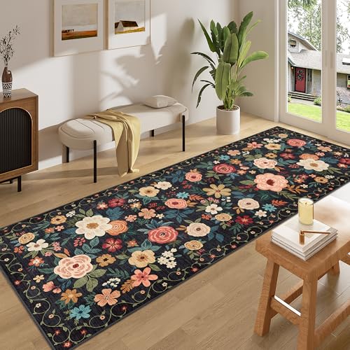 DUKINO 3x8 Runner Rug, Washable Rug for Kitchen with Non Slip Backing, Soft Non Shedding & Low Pile Design Long Floor Carpet Runner for Hallway, Bathroom, Entryway, Laundry, Black - color: Black, size: 3' x 8' (Rectangular)